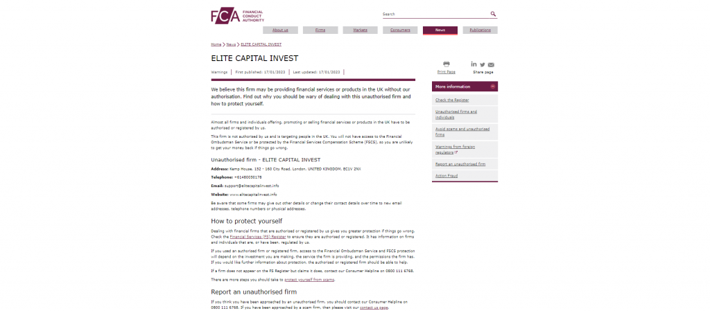 FCA Warns against investing with elitecapitalinvest.info