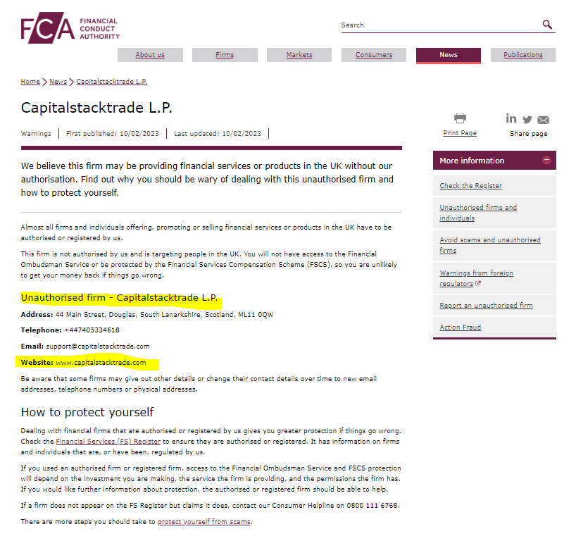 FCA Warning on capitalstacktrade.com