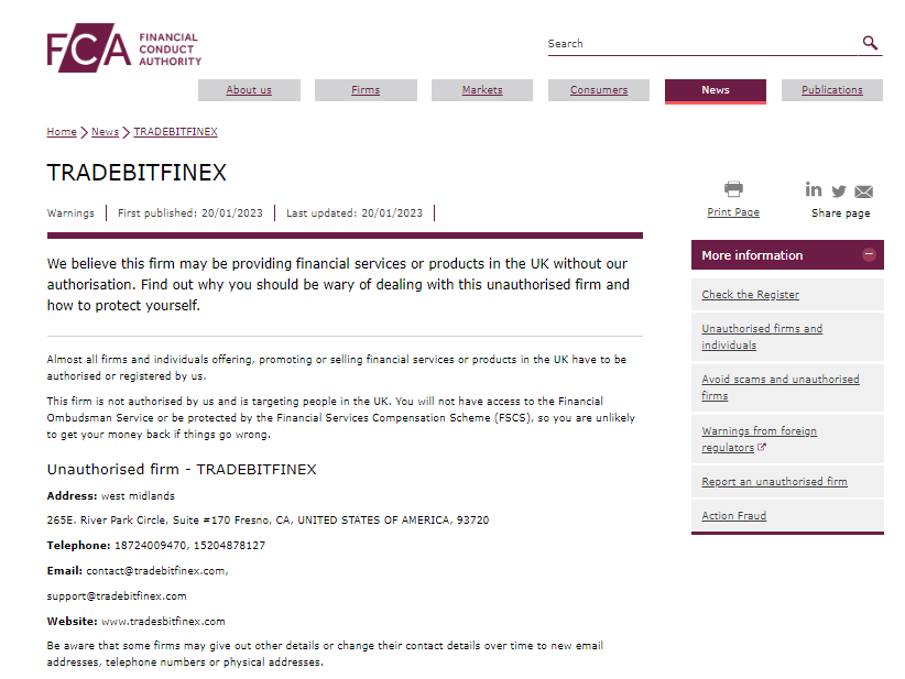 Tradebitfinex warning from the Financial Conduct Authority